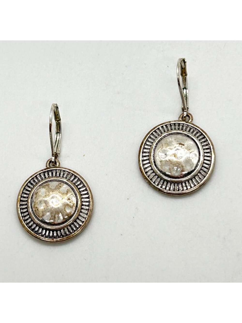 Vintage Silver Tone Leverback Earrings Round Hammered Texture Circle Drop Dangle